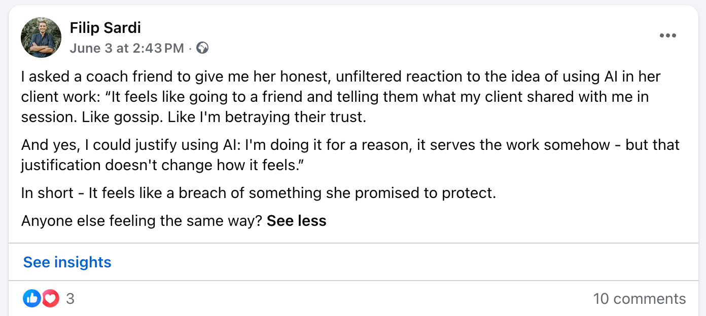 A Facebook thread on AI in coaching - reactions went in different directions fast