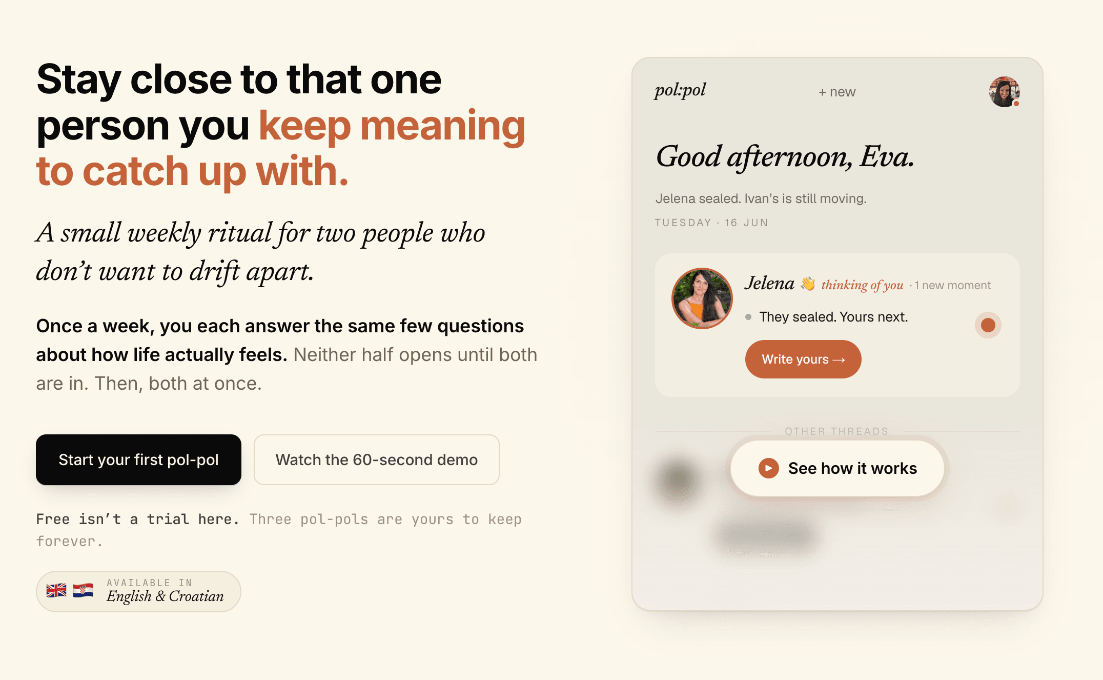 The pol:pol landing page - stay close to that one person you keep meaning to catch up with, beside a screenshot of the weekly thread