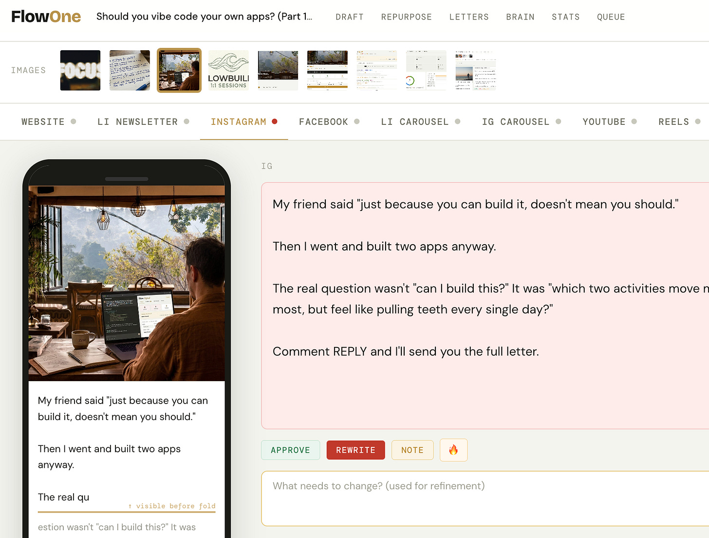FlowOne Brain — feedback fields, ratings, and notes on every generated piece