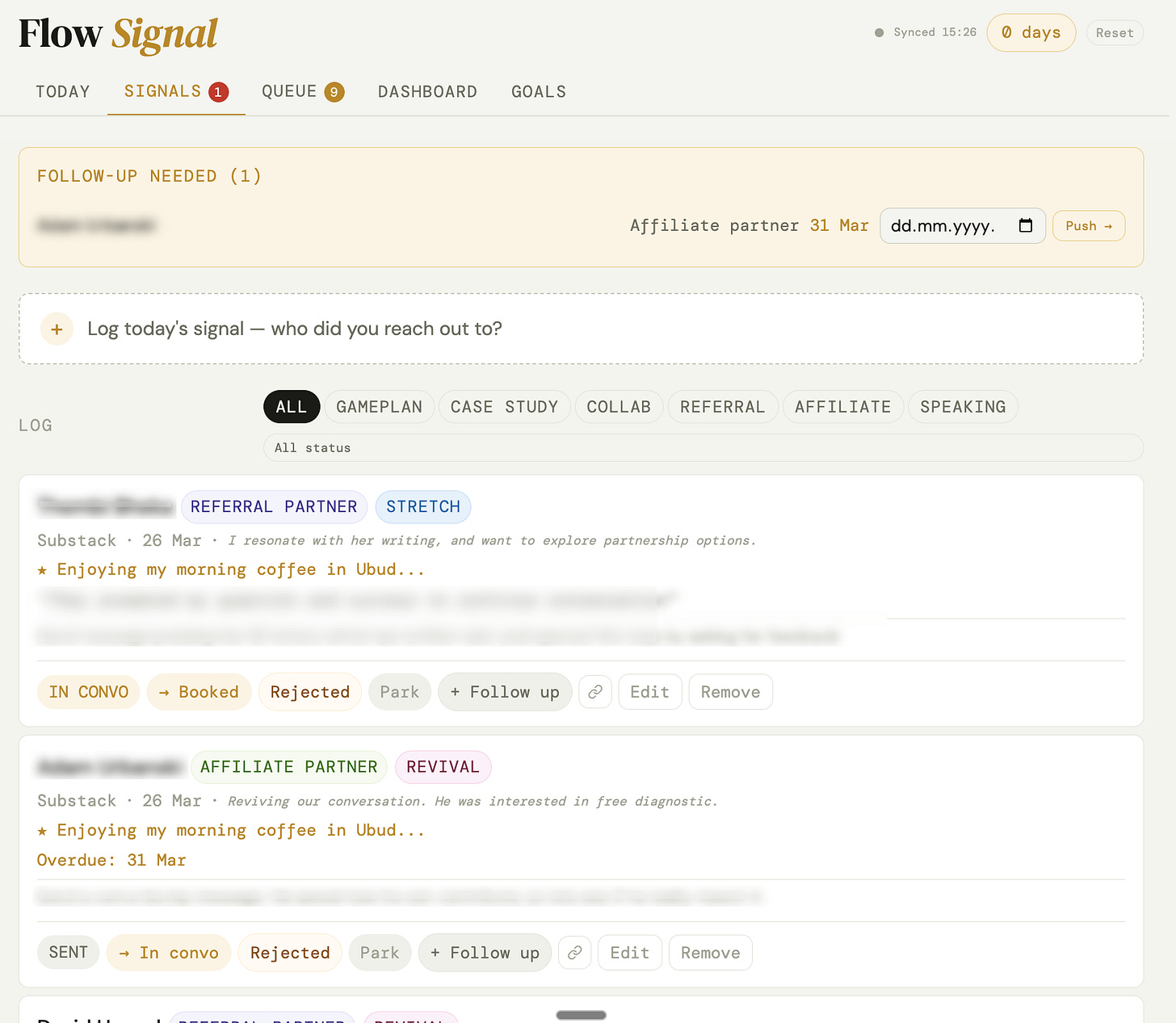 FlowSignal Signals view - all conversation logs